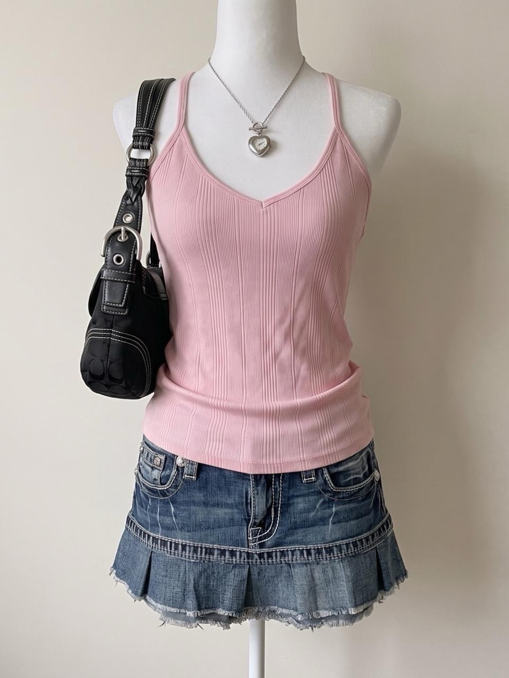 y2k preppy coquette balletcore pink ribbed knit v neck fitted tank top cami l